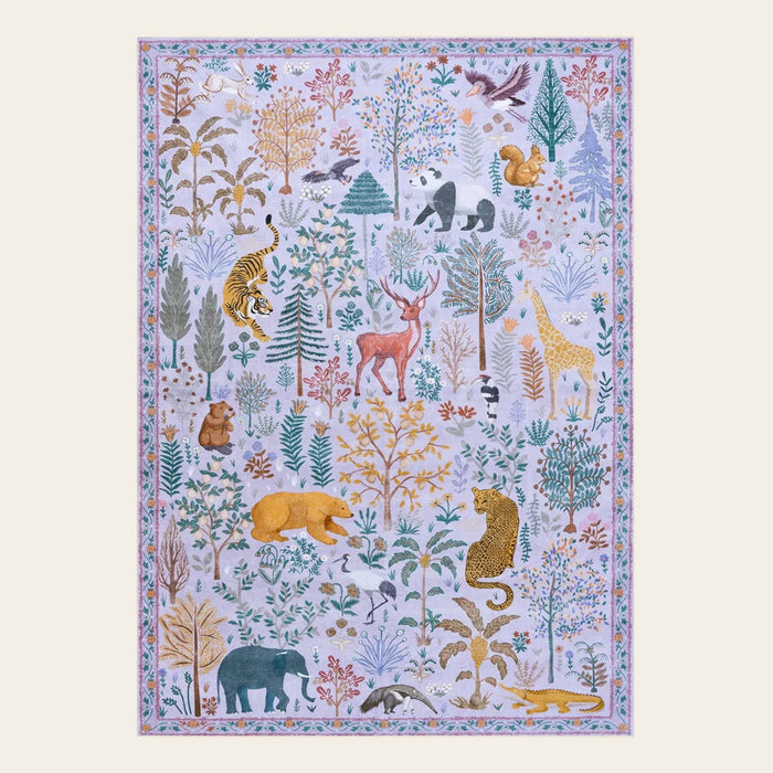 Covaba jungle animals area rug in muted plum, shown flat on a plain ivory backdrop