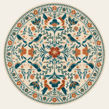 Covaba boho birdsong floral garden round rug in warm beige, shown flat on a plain ivory backdrop
