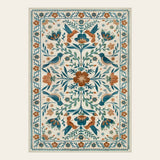 Covaba boho birdsong floral garden area rug in warm beige, shown flat on a plain ivory backdrop