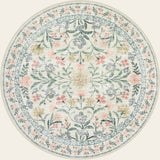 Covaba boho modern parisian garden floral round rug in warm beige, shown flat on a plain ivory backdrop