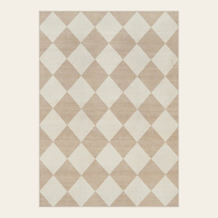 Covaba modern geometric checkered area rug in warm beige, shown flat on a plain ivory backdrop