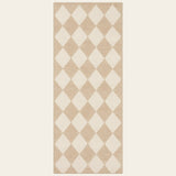 Covaba modern geometric checkered runner rug in warm beige, shown flat on a plain ivory backdrop
