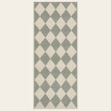 Covaba modern geometric checkered runner rug in fern green, shown flat on a plain ivory backdrop