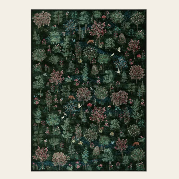 Covaba forest woodland deep area rug in fern green, shown flat on a plain ivory backdrop