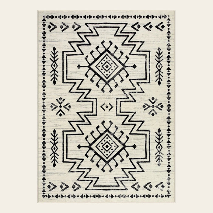 Covaba aztec moroccan distressed area rug in warm beige, shown flat on a plain ivory backdrop