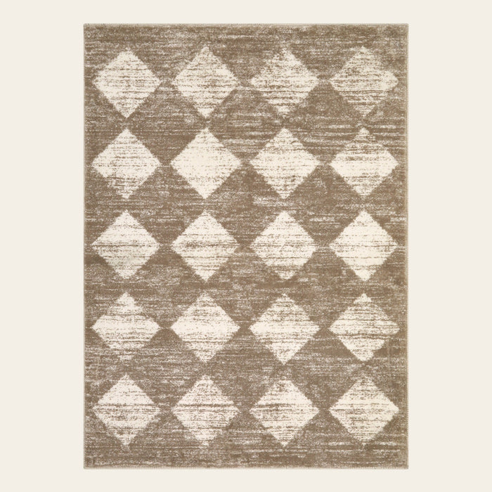 Covaba modern geometric diamond checkered area rug in warm beige, shown flat on a plain ivory backdrop