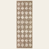 Covaba modern geometric diamond checkered runner rug in warm beige, shown flat on a plain ivory backdrop