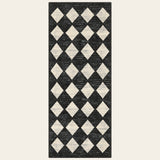 Covaba modern geometric diamond checkered runner rug in ink black, shown flat on a plain ivory backdrop