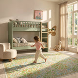 Covaba maximalism vibrant floral area rug in sage mist, styled in a room setting, view 2