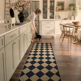 Covaba geometric checkered easy jute indoor/outdoor runner rug in ink black, styled in a room setting, view 2