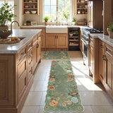 Covaba boho modern parisian floral scalloped doormat in fern green, styled in a room setting, view 2