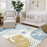 Covaba modern botanical leaf area rug in stormy blue, styled in a room setting, view 3