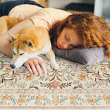 Covaba boho modern parisian garden floral fall rug in golden wheat, styled in a room setting, view 2