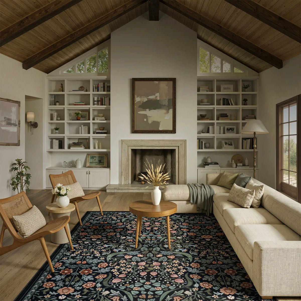 Covaba maximalism vibrant blossom floral area rug in ink black, styled in a room setting
