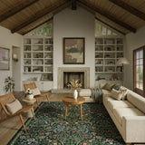 Covaba maximalism vibrant blossom floral - size deal area rug in forest fern, styled in a room setting