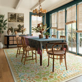 Covaba maximalism vibrant floral area rug in sage mist, styled in a room setting, view 3
