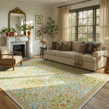 Covaba maximalism vibrant floral area rug in sage mist, styled in a room setting, view 5