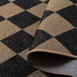 Covaba geometric checkered easy jute indoor/outdoor rug in coffee brown, styled in a room setting, view 2