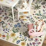 Covaba boho botanical floral rug in warm beige, styled in a room setting, view 2