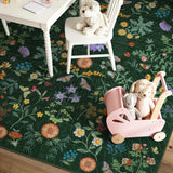 Covaba boho botanical floral rug in fern green, styled in a room setting, view 2
