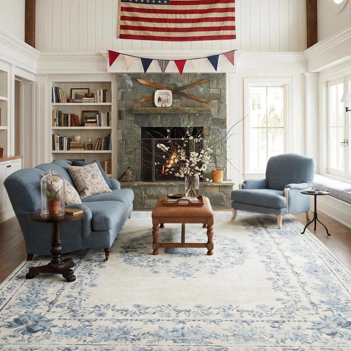 Covaba vintage traditional floral area rug in stormy blue, styled in a room setting