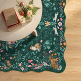 Covaba maximalist unicorn garden scalloped area rug in forest fern, styled in a room setting, view 10
