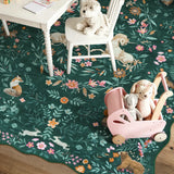 Covaba maximalist unicorn garden scalloped area rug in forest fern, styled in a room setting, view 9