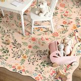 Covaba maximalist unicorn garden scalloped area rug in blush clay, styled in a room setting, view 6