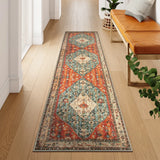 Covaba boho vintage tribal runner rug in burnt rust, styled in a room setting, view 8