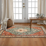 Covaba boho vintage tribal area rug in burnt rust, styled in a room setting, view 6