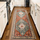 Covaba boho vintage tribal runner rug in burnt rust, styled in a room setting, view 2
