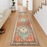 Covaba boho vintage tribal runner rug in burnt rust, styled in a room setting, view 6