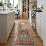 Covaba boho vintage tribal runner rug in burnt rust, styled in a room setting, view 7