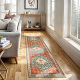 Covaba boho vintage tribal runner rug in burnt rust, styled in a room setting, view 12