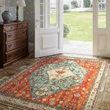 Covaba boho vintage tribal area rug in burnt rust, styled in a room setting, view 9