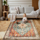 Covaba boho vintage tribal area rug in burnt rust, styled in a room setting, view 10