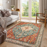 Covaba boho vintage tribal area rug in burnt rust, styled in a room setting, view 12