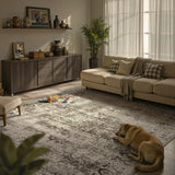 Covaba vintage distressed rug in warm beige, styled in a room setting, view 2
