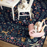 Covaba fantasy garden and unicorn rug in deep navy, styled in a room setting
