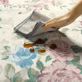 Covaba romantic vintage floral rose garden rug in sage mist, styled in a room setting, view 2