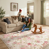 Covaba romantic vintage floral rose garden and area rug in blush clay, styled in a room setting