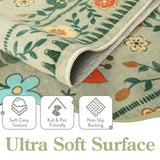 Covaba boho birdsong floral garden rug in sage mist, styled in a room setting, view 2