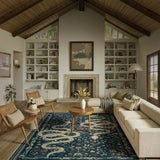 Covaba mystical snake rug in stormy blue, styled in a room setting, view 3