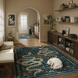 Covaba mystical snake rug in stormy blue, styled in a room setting, view 4