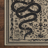 Covaba mystical snake rug in coffee brown, styled in a room setting, view 6
