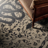 Covaba mystical snake rug in coffee brown, styled in a room setting, view 7