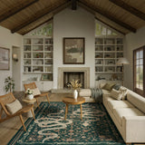 Covaba mystical snake area rug in fern green, styled in a room setting, view 5