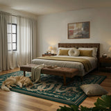 Covaba mystical snake area rug in fern green, styled in a room setting, view 3