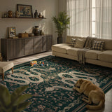 Covaba mystical snake area rug in fern green, styled in a room setting, view 4