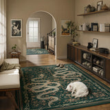 Covaba mystical snake area rug in fern green, styled in a room setting, view 7